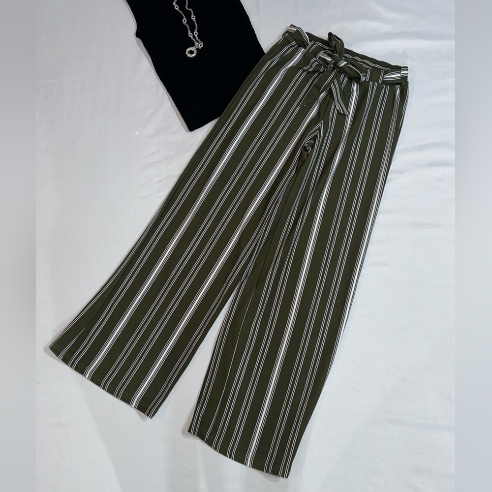 Hot Kiss Women's Olive and White Striped Capris